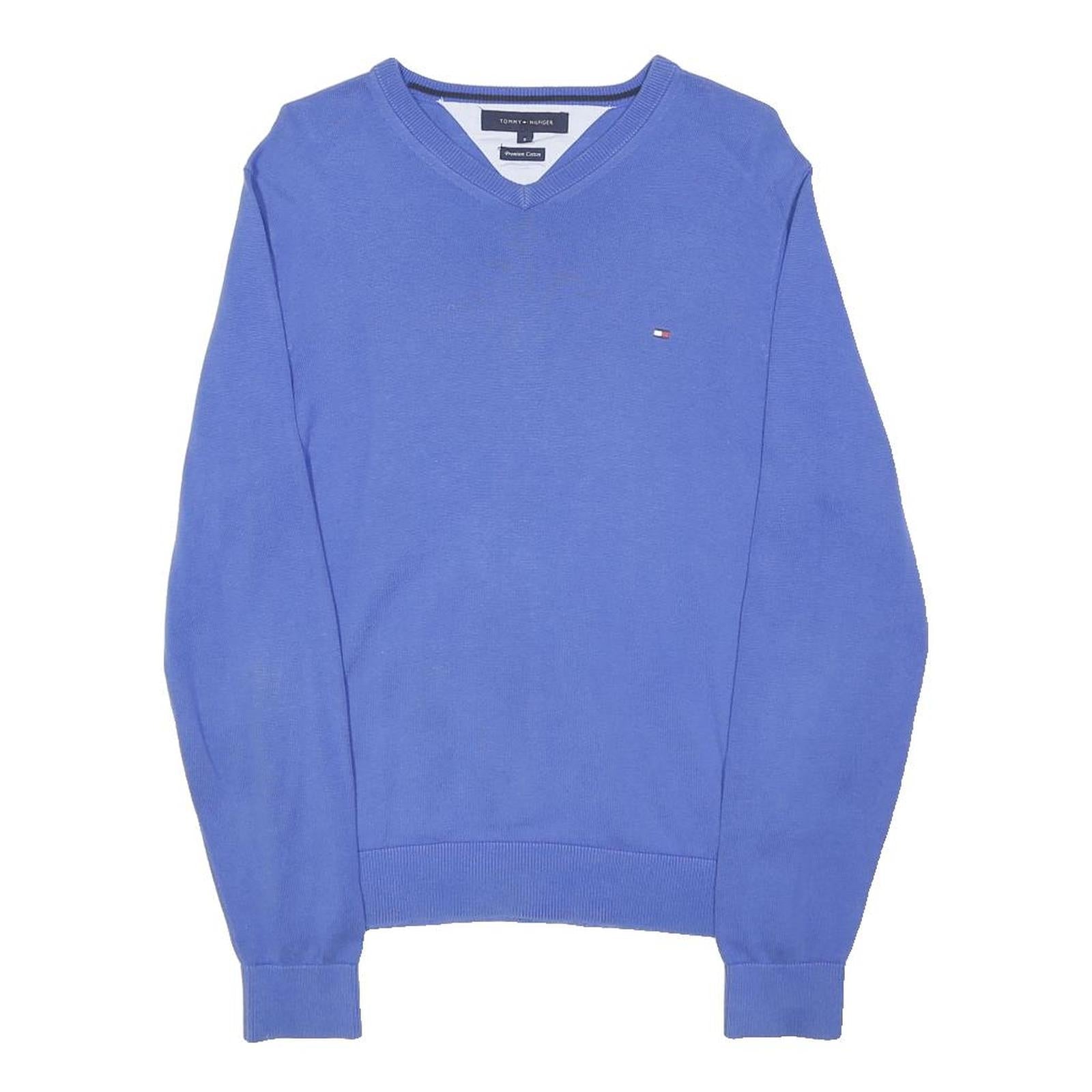 TOMMY HILFIGER Mens Blue Plain V-Neck Basic Knit S Cotton Jumper Lightweight