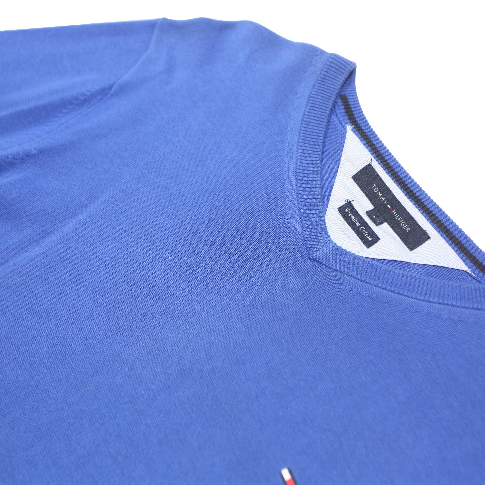 TOMMY HILFIGER Mens Blue Plain V-Neck Basic Knit S Cotton Jumper Lightweight