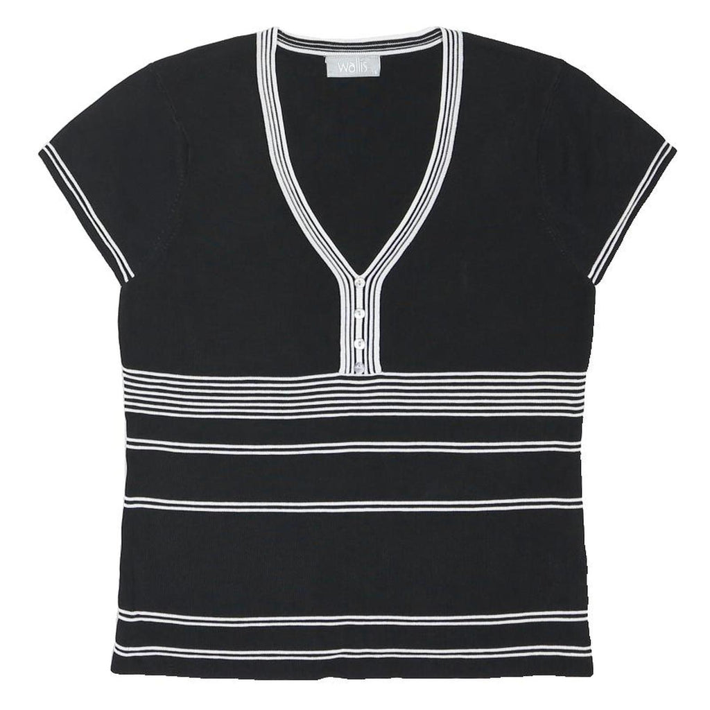 WALLIS Womens Black & White Striped Short Sleeve V-Neck Top UK 16 Button Detail