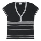 WALLIS Womens Black & White Striped Short Sleeve V-Neck Top UK 16 Button Detail