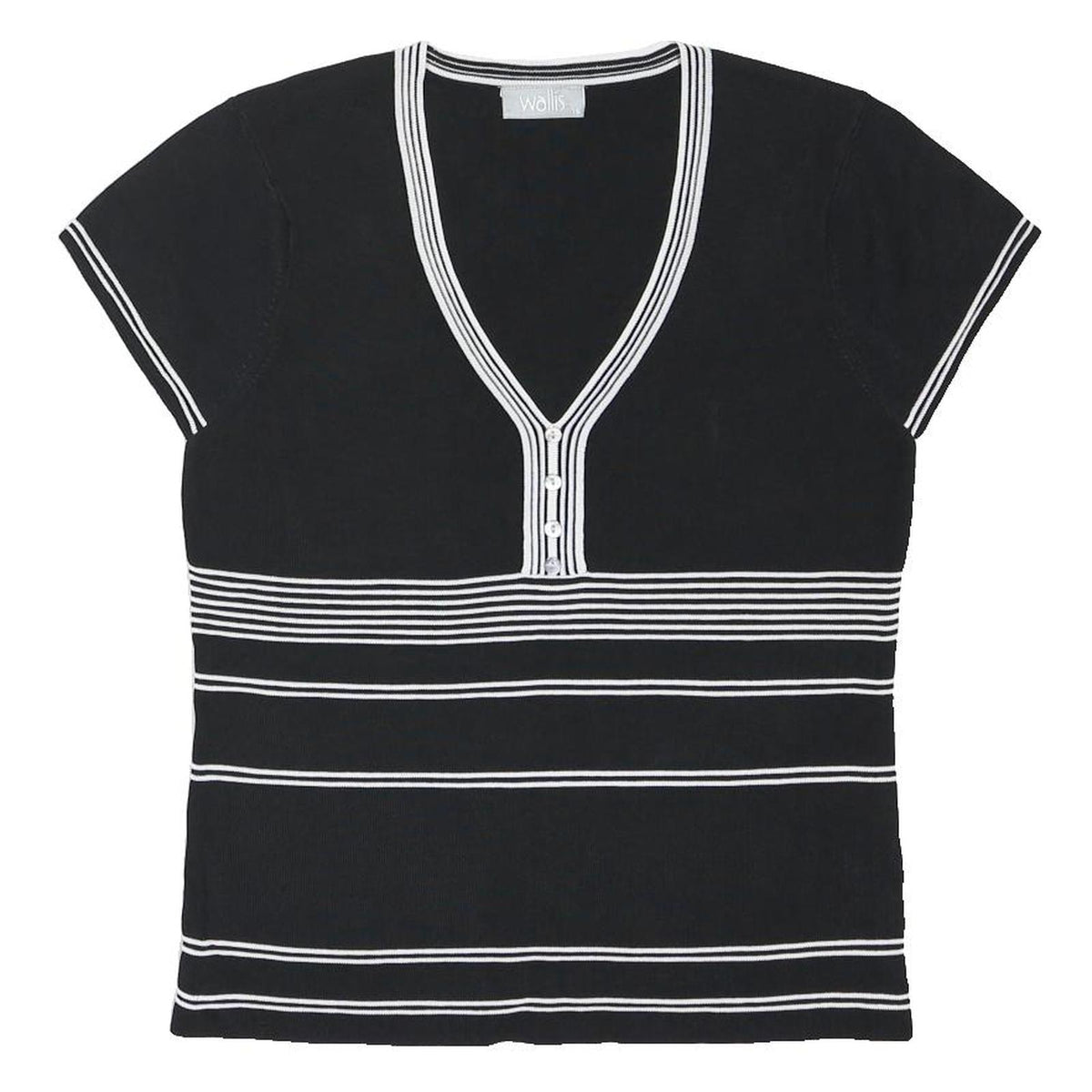 WALLIS Womens Black & White Striped Short Sleeve V-Neck Top UK 16 Button Detail