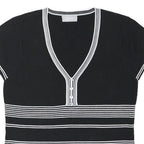 WALLIS Womens Black & White Striped Short Sleeve V-Neck Top UK 16 Button Detail