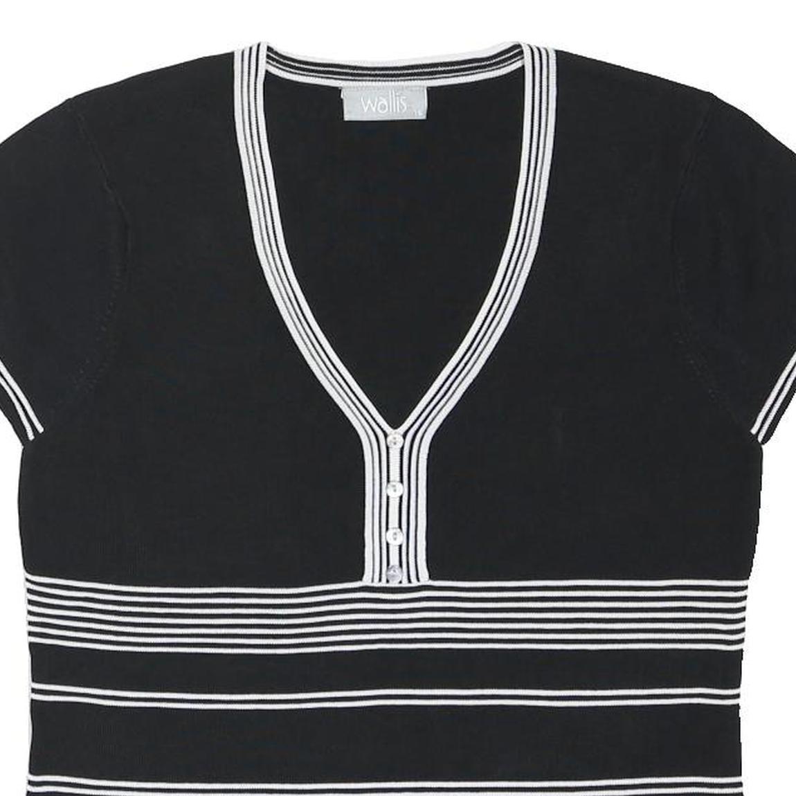 WALLIS Womens Black & White Striped Short Sleeve V-Neck Top UK 16 Button Detail