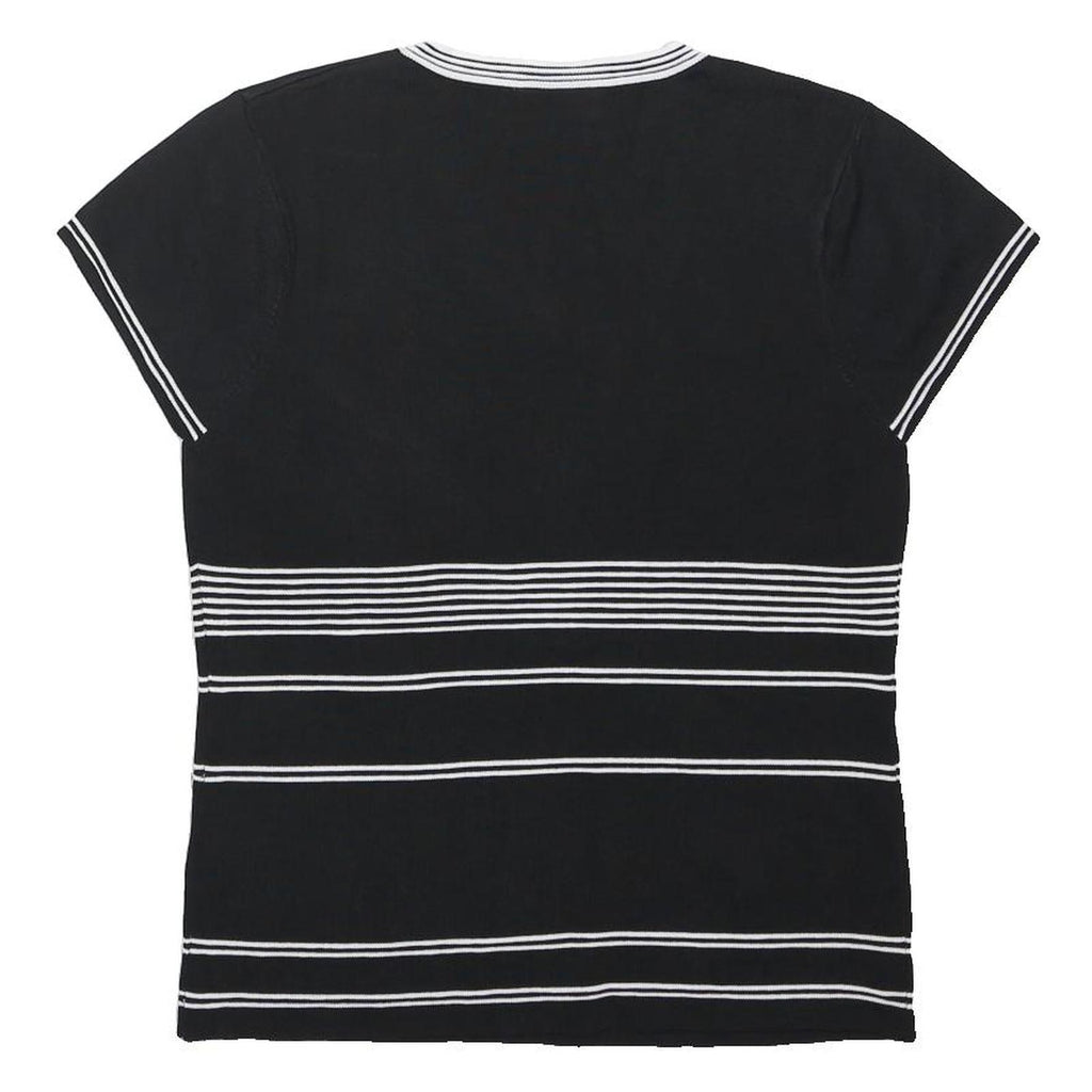 WALLIS Womens Black & White Striped Short Sleeve V-Neck Top UK 16 Button Detail
