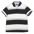 TOMMY HILFIGER Mens Black & White Grey Stripe Short Sleeve Polo Shirt M Cotton