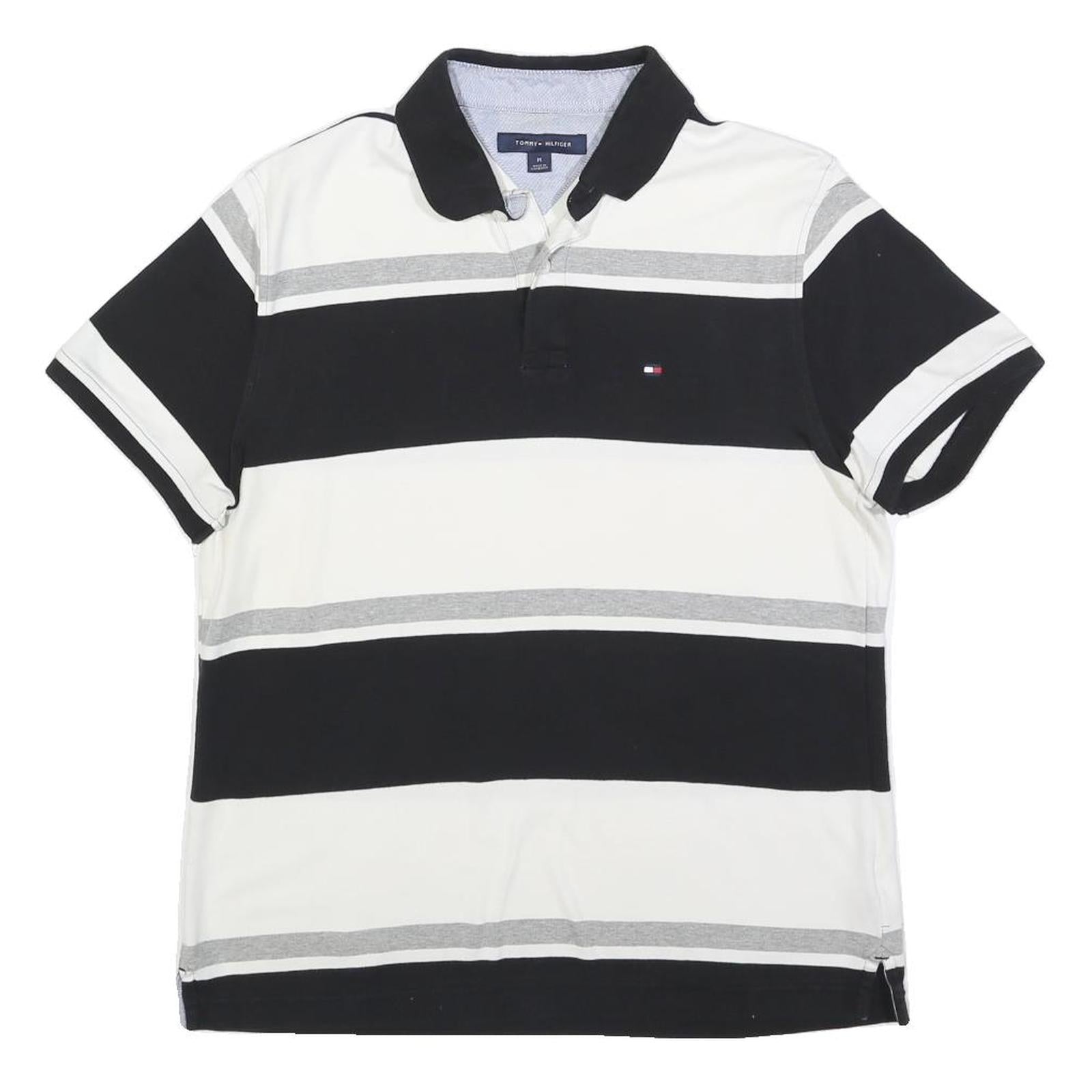 TOMMY HILFIGER Mens Black & White Grey Stripe Short Sleeve Polo Shirt M Cotton