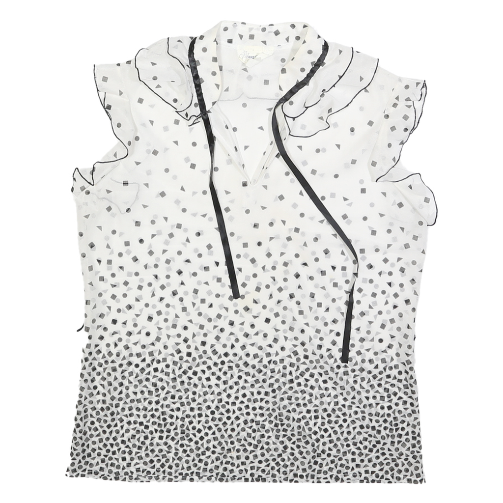 Womens White & Black Printed Sleeveless Ruffle Neck Top Size L Lightweight