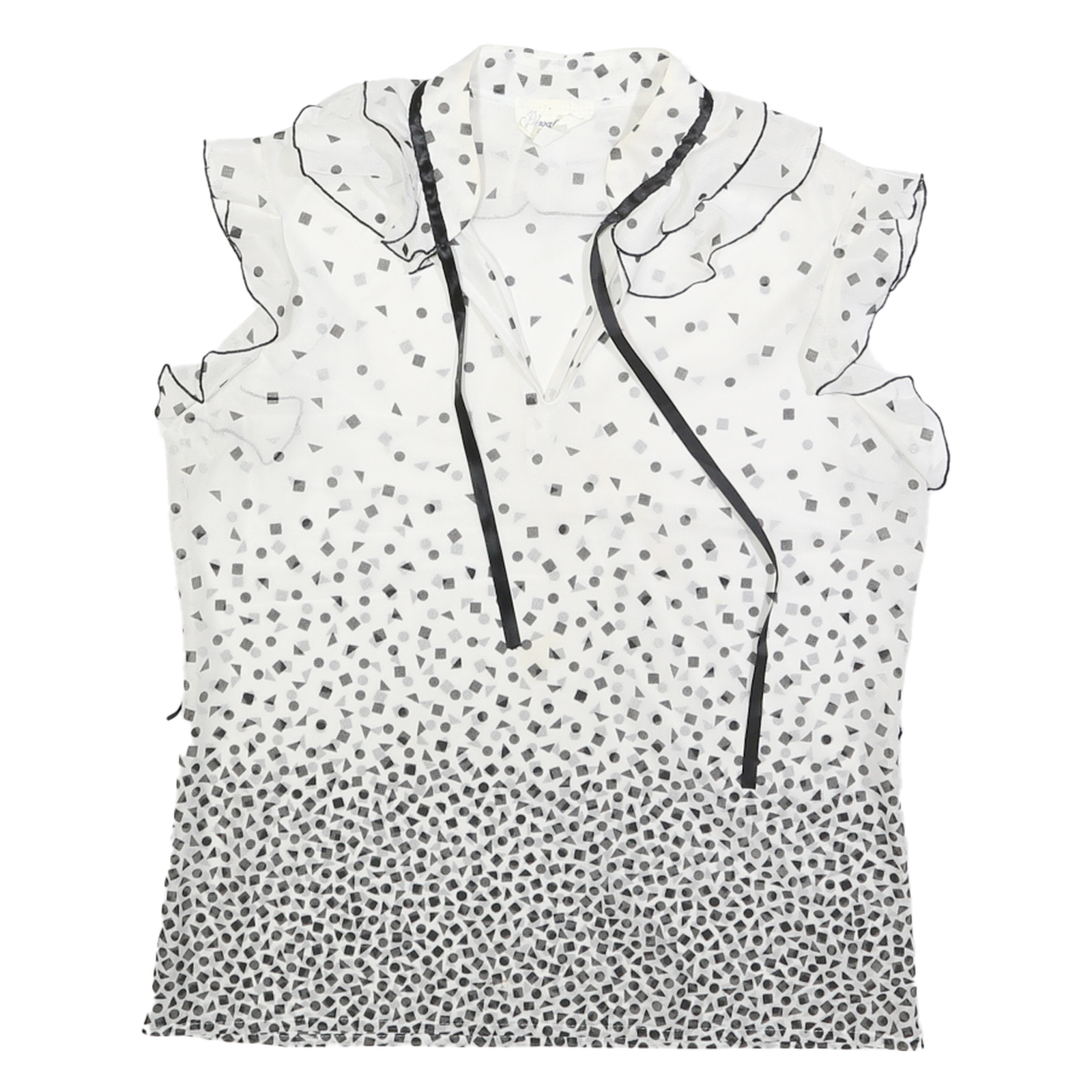 Womens White & Black Printed Sleeveless Ruffle Neck Top Size L Lightweight