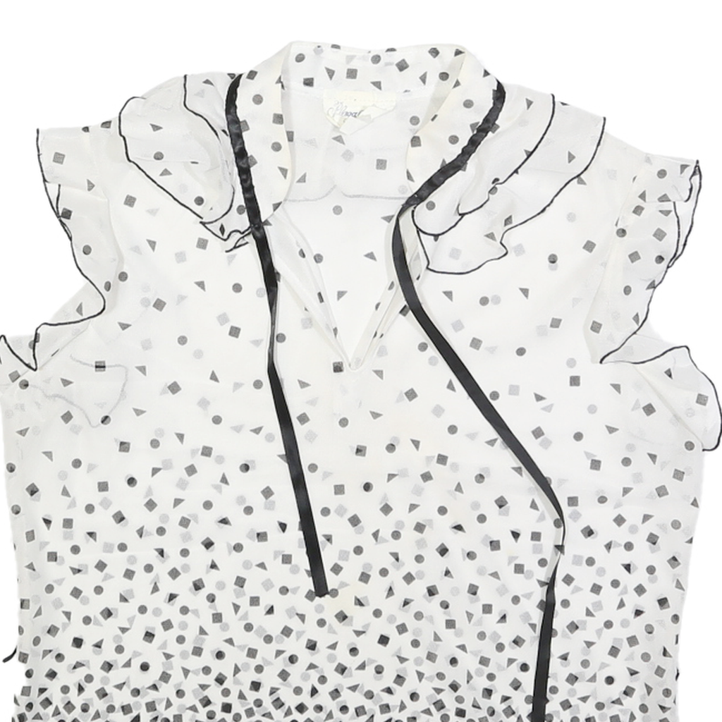 Womens White & Black Printed Sleeveless Ruffle Neck Top Size L Lightweight