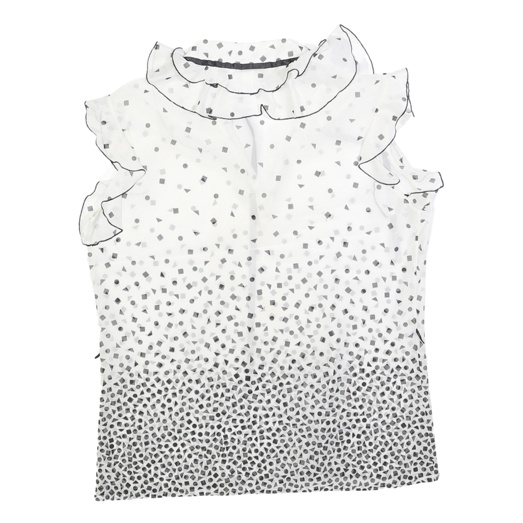 Womens White & Black Printed Sleeveless Ruffle Neck Top Size L Lightweight