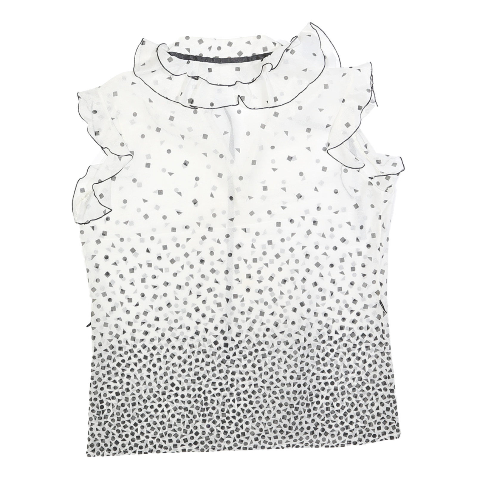 Womens White & Black Printed Sleeveless Ruffle Neck Top Size L Lightweight