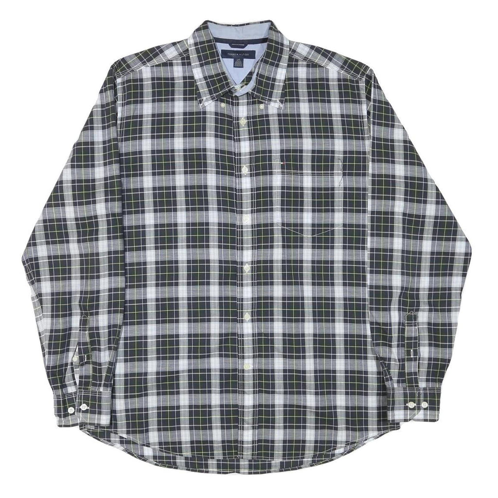 TOMMY HILFIGER Mens Black & White Check Shirt L Button Down Collar Long Sleeve
