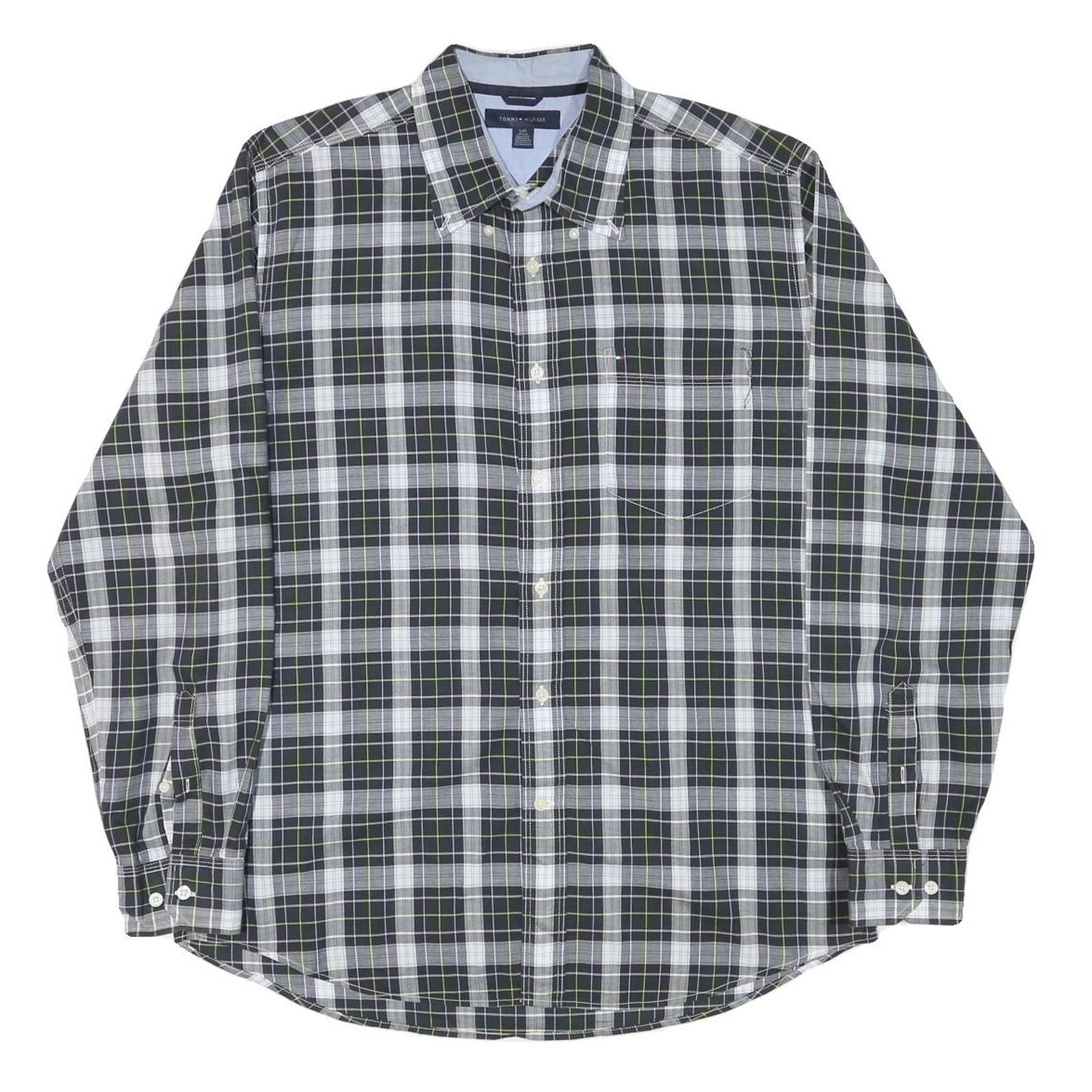 TOMMY HILFIGER Mens Black & White Check Shirt L Button Down Collar Long Sleeve