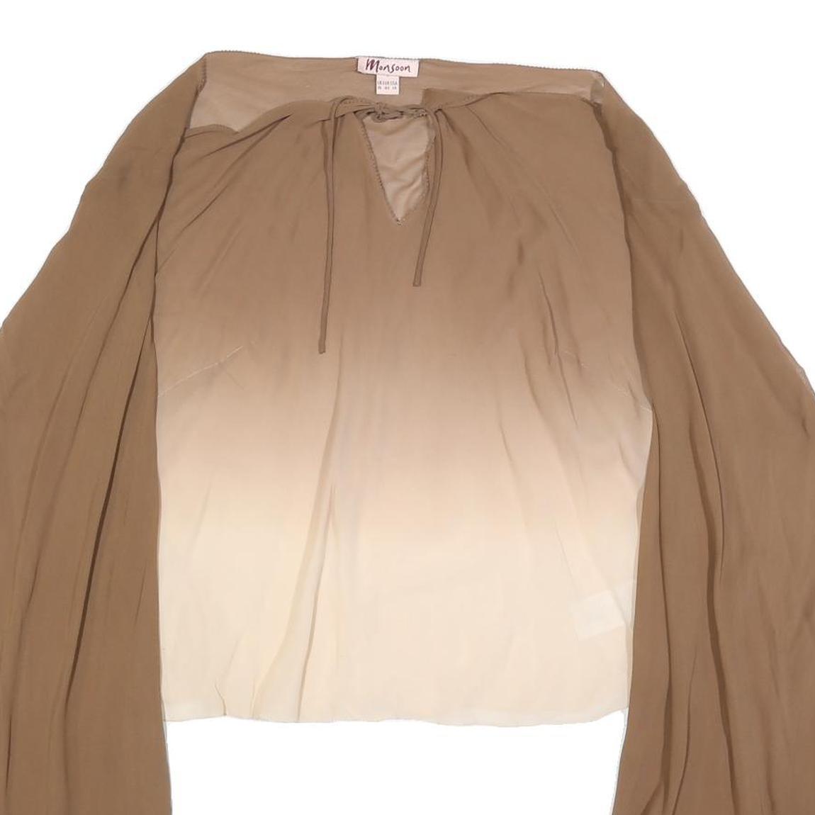 MONSOON Womens Beige & Cream Long Sleeve V-Neck Band Collar Silk Top UK 18 Basic