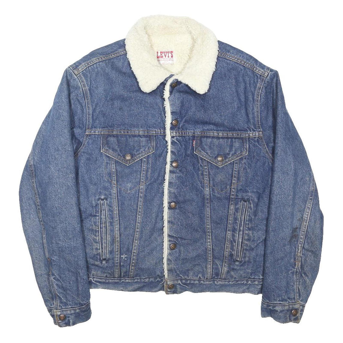 LEVI'S 80s Mens Blue Sherpa Collar Denim Jacket L Cotton Blend Button Closure