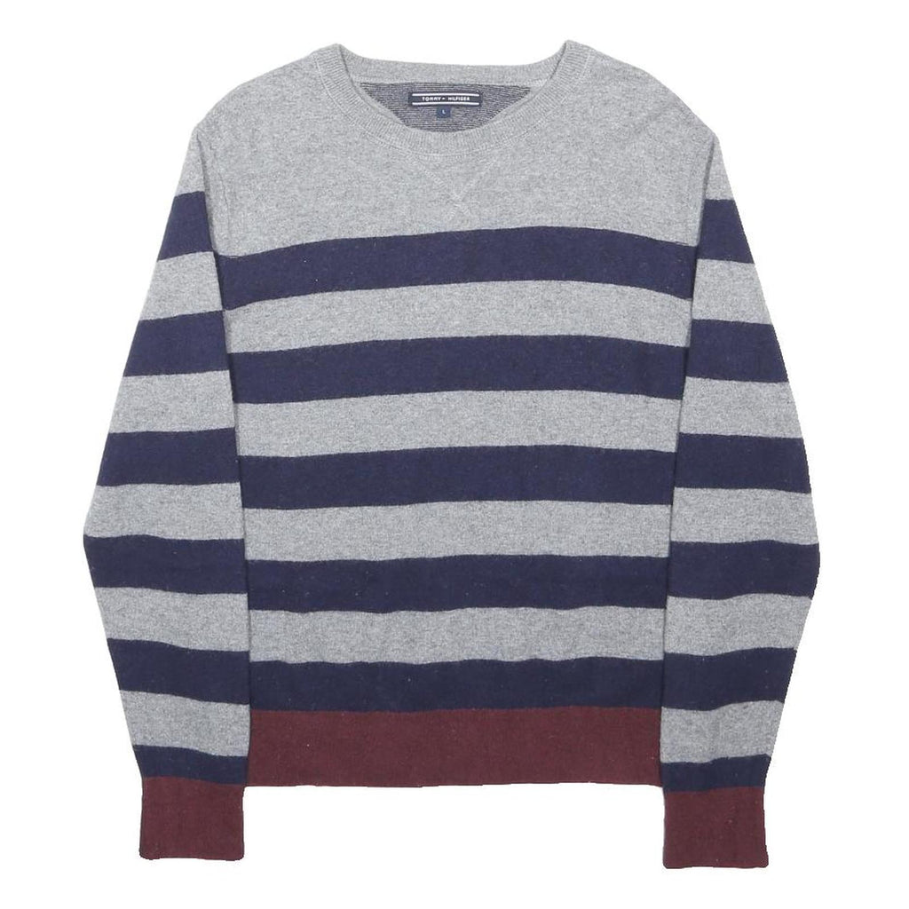 TOMMY HILFIGER Mens Grey & Navy Blue Striped Jumper Crew Neck Basic Knit L