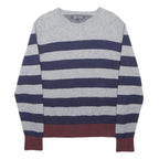 TOMMY HILFIGER Mens Grey & Navy Blue Striped Jumper Crew Neck Basic Knit L