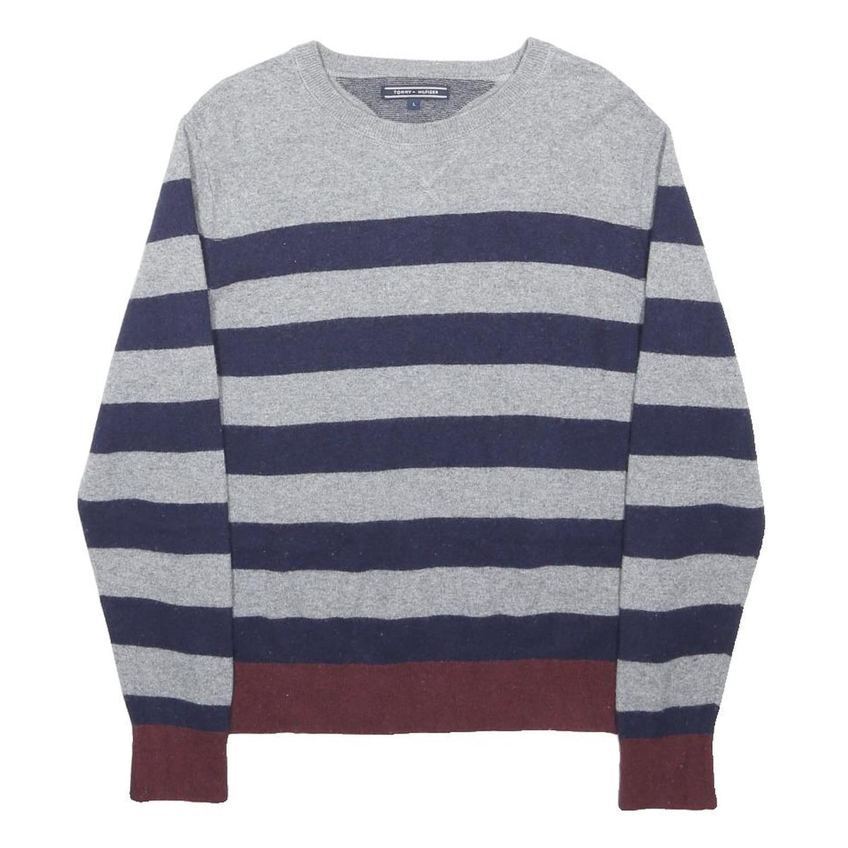 TOMMY HILFIGER Mens Grey & Navy Blue Striped Jumper Crew Neck Basic Knit L