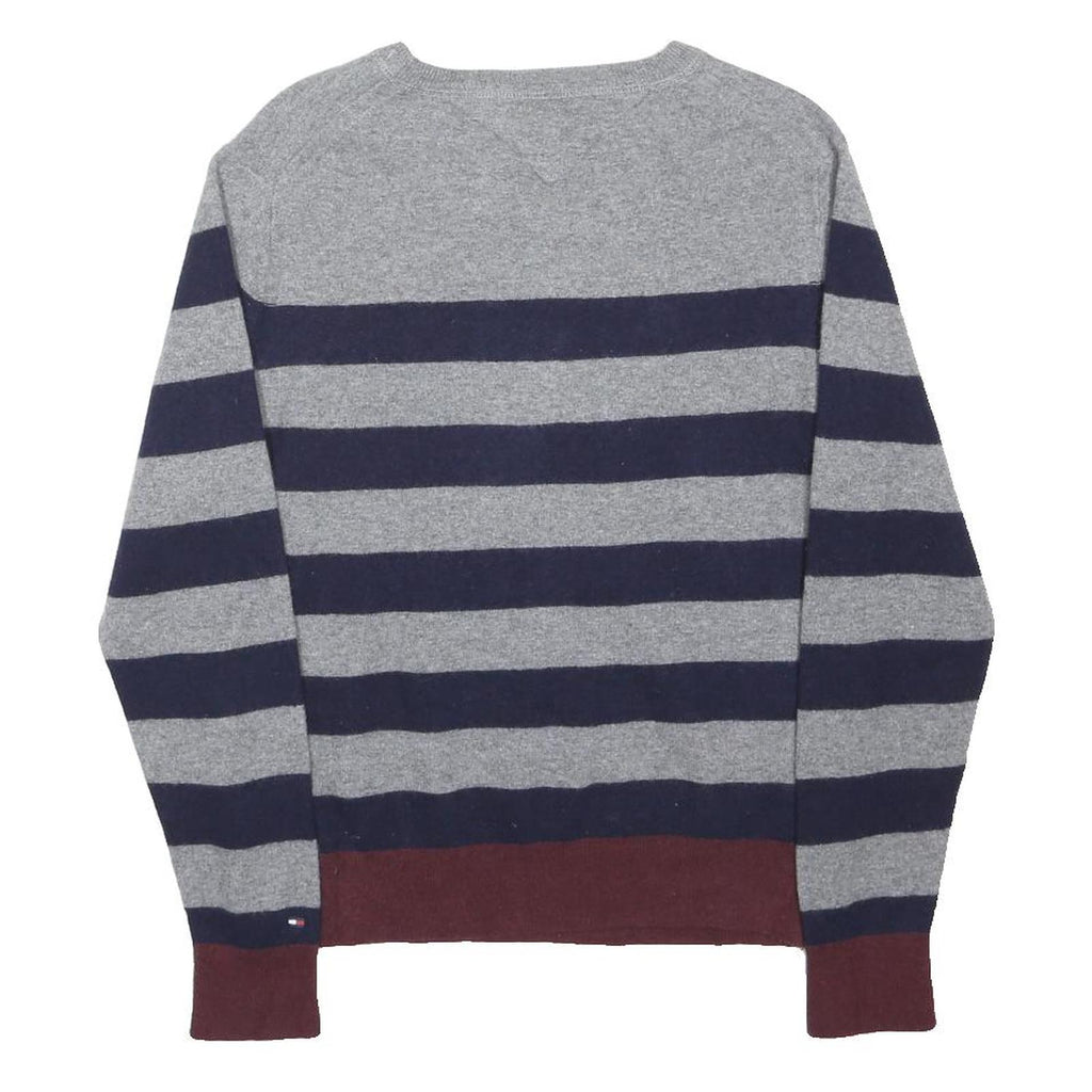 TOMMY HILFIGER Mens Grey & Navy Blue Striped Jumper Crew Neck Basic Knit L
