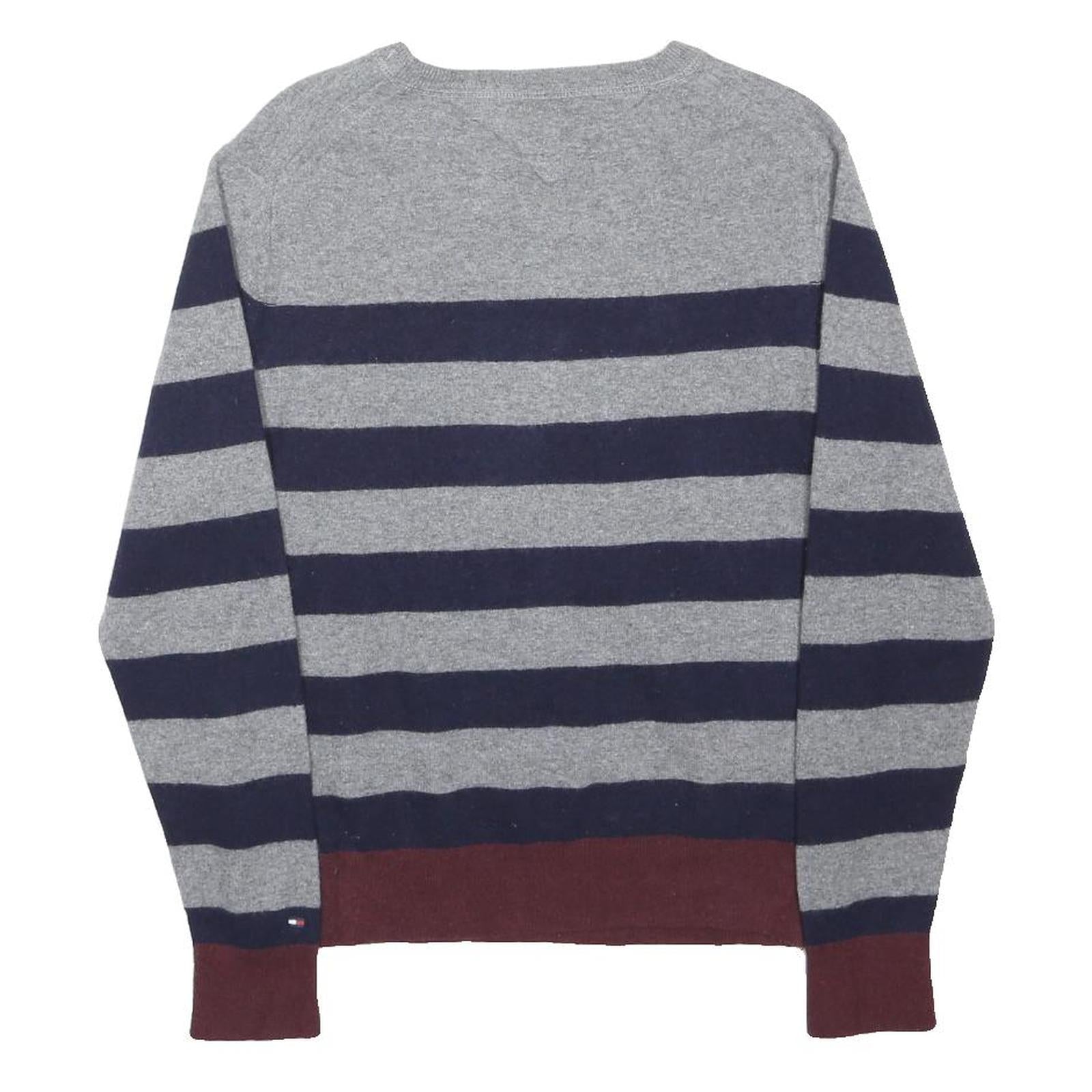TOMMY HILFIGER Mens Grey & Navy Blue Striped Jumper Crew Neck Basic Knit L