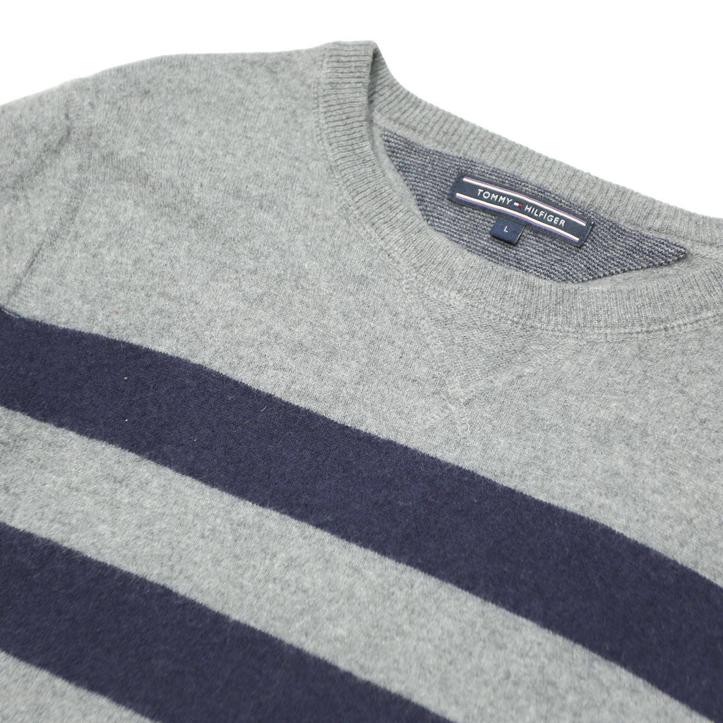 TOMMY HILFIGER Mens Grey & Navy Blue Striped Jumper Crew Neck Basic Knit L