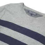 TOMMY HILFIGER Mens Grey & Navy Blue Striped Jumper Crew Neck Basic Knit L