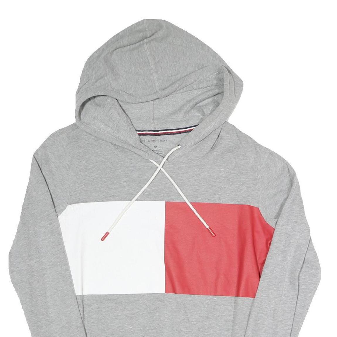 TOMMY HILFIGER Womens Grey White & Red Colourblock Pullover Hoodie S Cotton