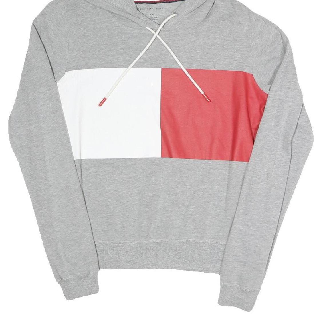 TOMMY HILFIGER Womens Grey White & Red Colourblock Pullover Hoodie S Cotton