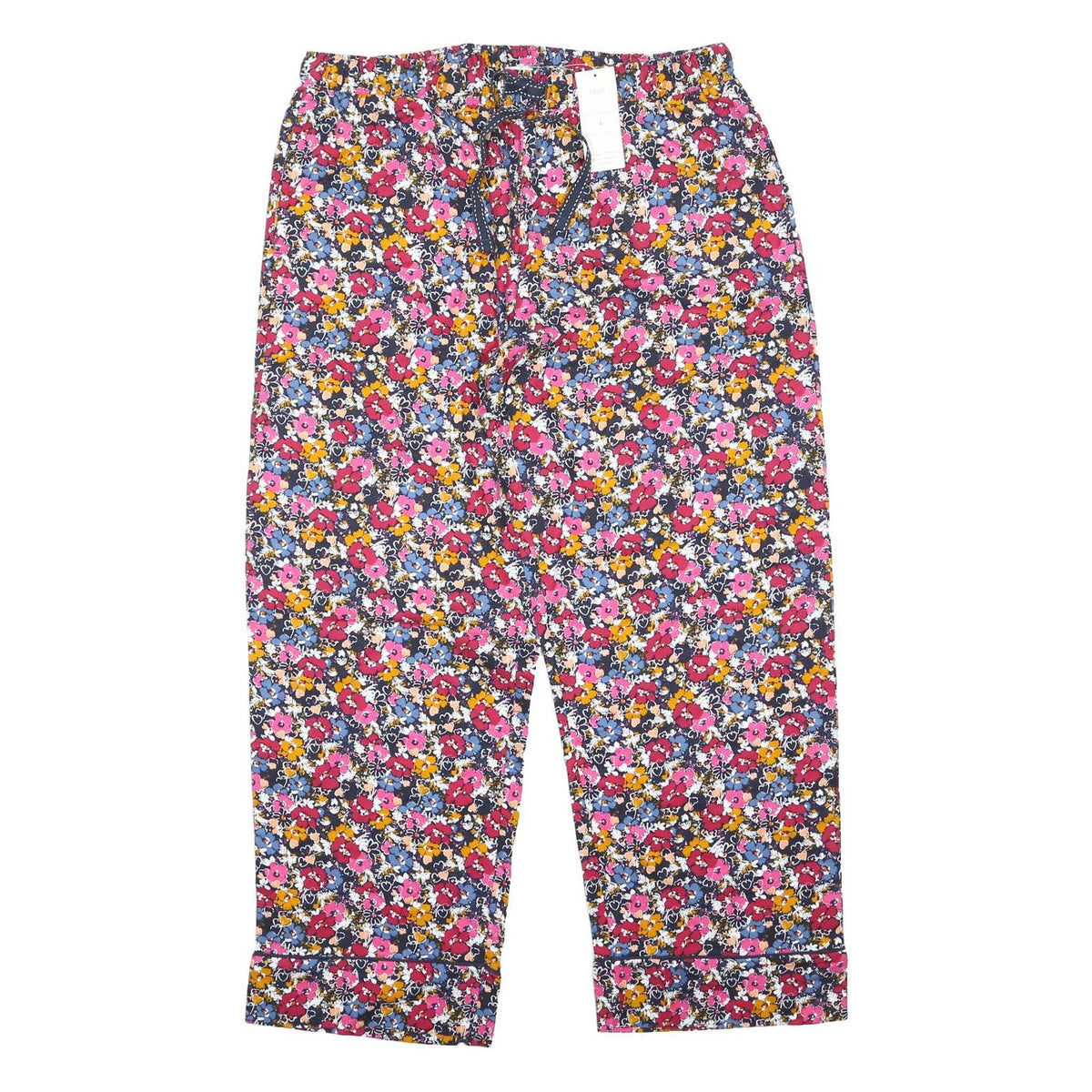 M&S Womens Cotton Blend Floral Loose Trousers W34 L30 Drawstring Waist