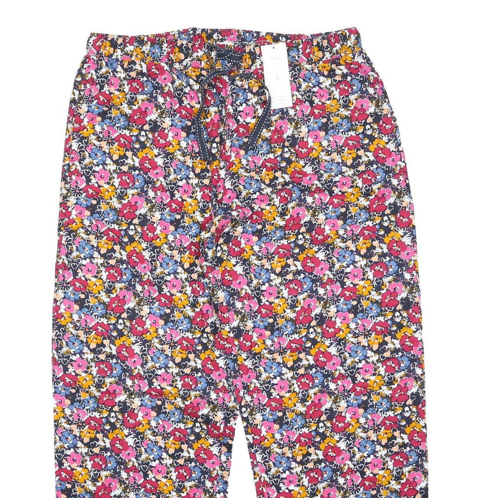 M&S Womens Cotton Blend Floral Loose Trousers W34 L30 Drawstring Waist