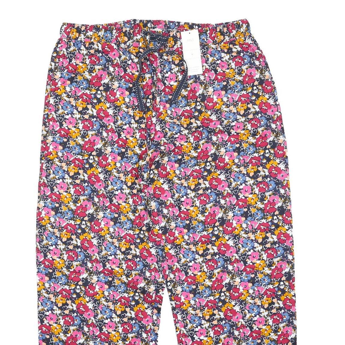 M&S Womens Cotton Blend Floral Loose Trousers W34 L30 Drawstring Waist