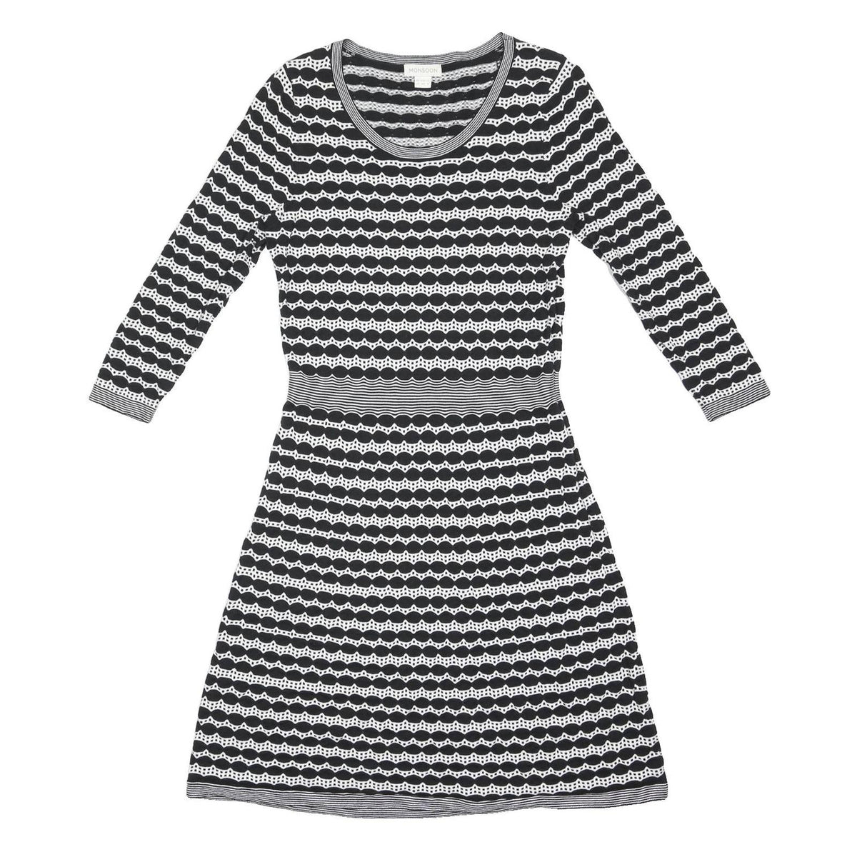 MONSOON Womens Black & White Day Cotton Blend Dress UK 12 Striped Pattern 3/4