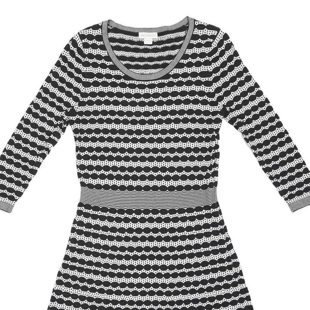 MONSOON Womens Black & White Day Cotton Blend Dress UK 12 Striped Pattern 3/4