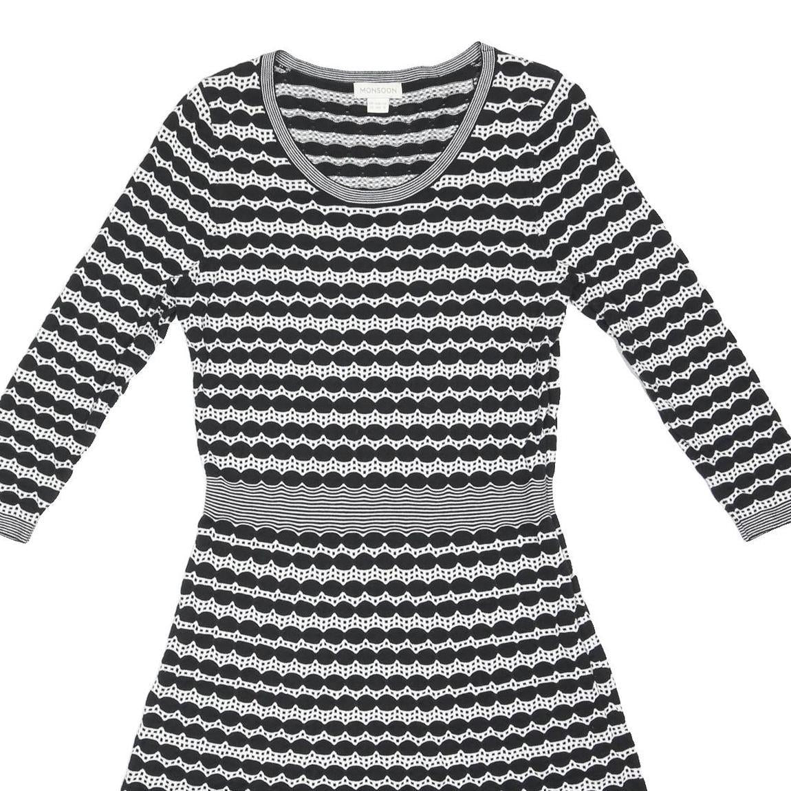 MONSOON Womens Black & White Day Cotton Blend Dress UK 12 Striped Pattern 3/4