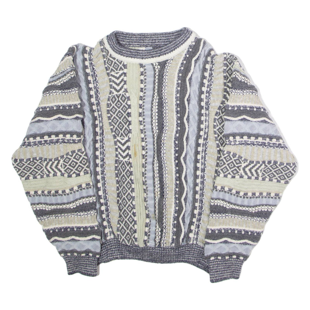 Mens Patterned Jumper Blue Crew Neck 90s Chunky Knit XS