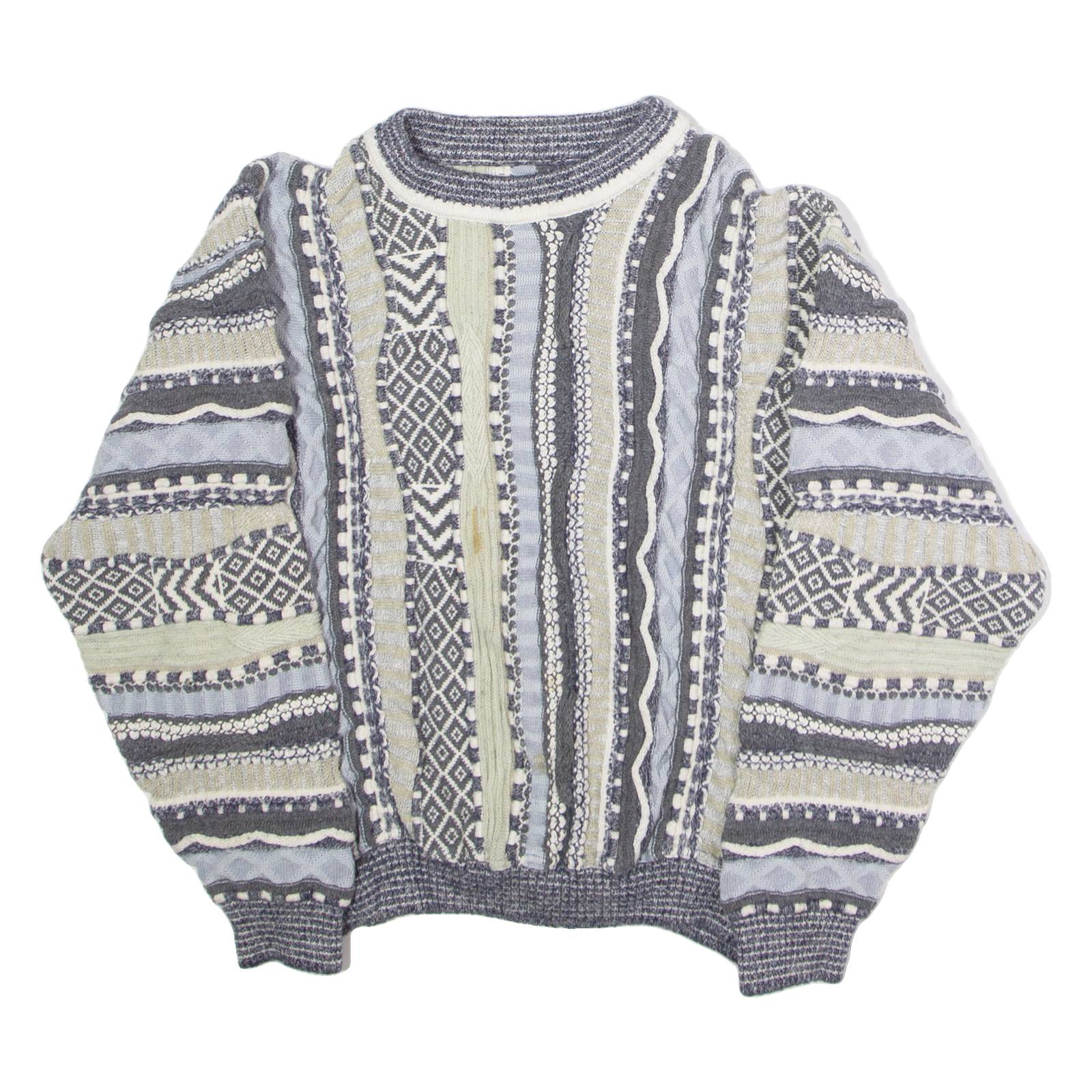 Mens Patterned Jumper Blue Crew Neck 90s Chunky Knit XS