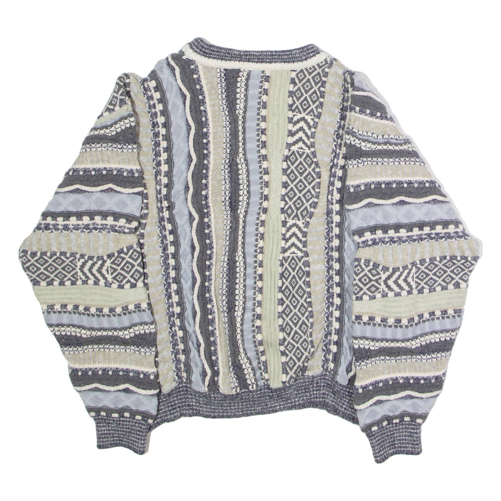 Mens Patterned Jumper Blue Crew Neck 90s Chunky Knit XS