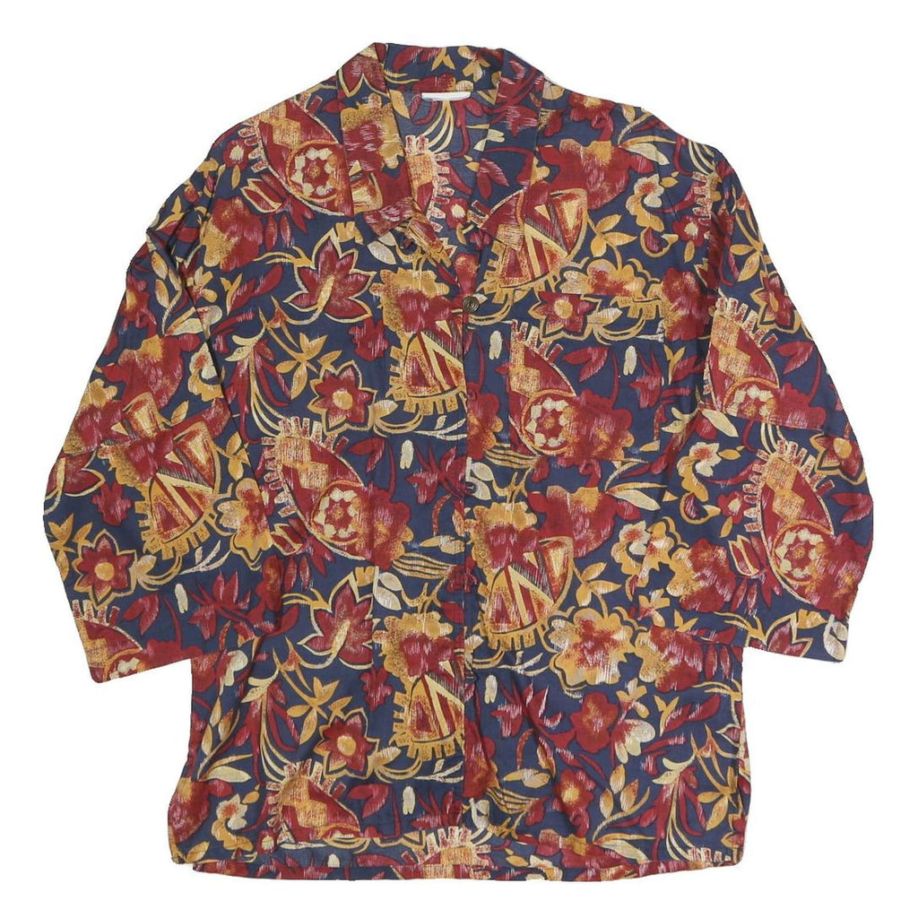 Womens Blue Red Yellow Floral Blouse 3/4 Sleeve Collared L Cotton Blend