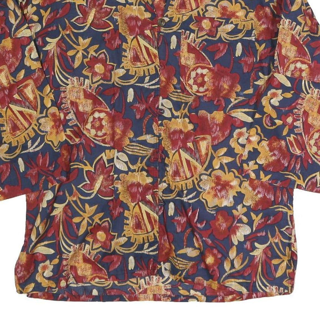 Womens Blue Red Yellow Floral Blouse 3/4 Sleeve Collared L Cotton Blend