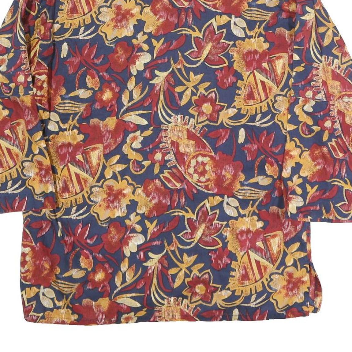 Womens Blue Red Yellow Floral Blouse 3/4 Sleeve Collared L Cotton Blend