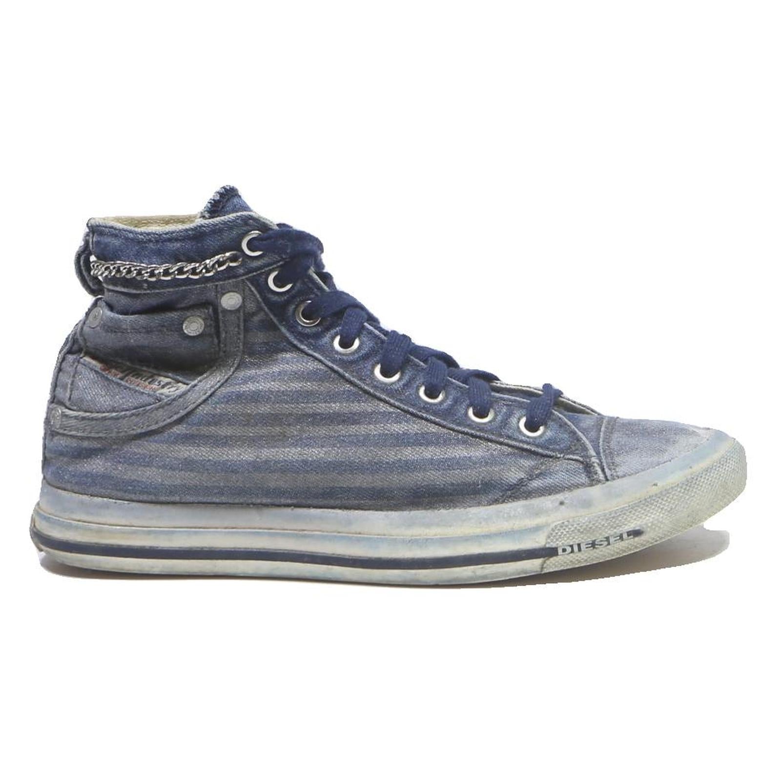 DIESEL Mens High Top Trainers Blue Canvas UK 6.5 Chain Accent Casual Footwear