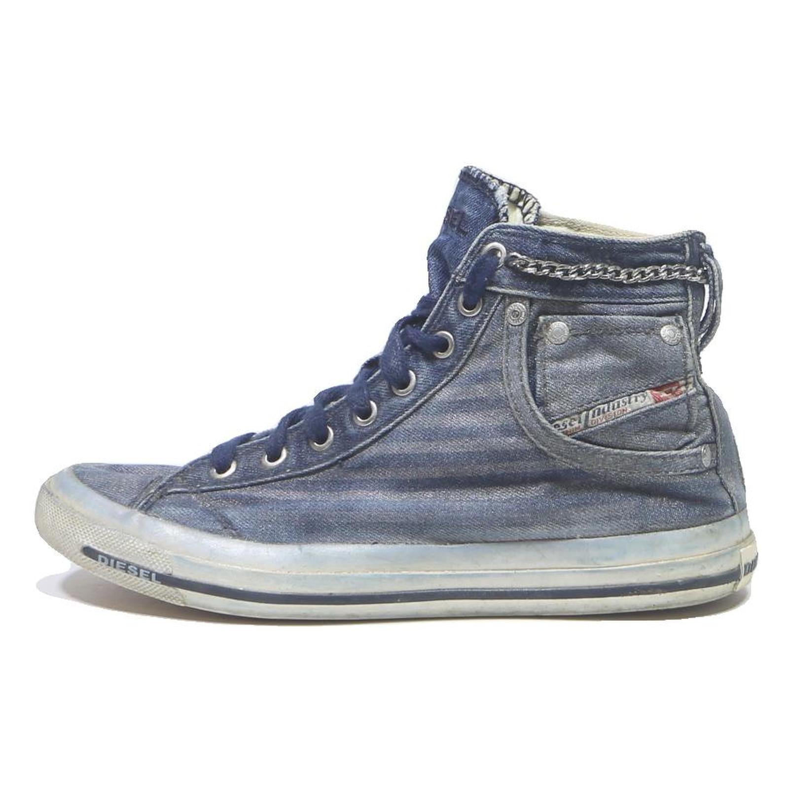 DIESEL Mens High Top Trainers Blue Canvas UK 6.5 Chain Accent Casual Footwear