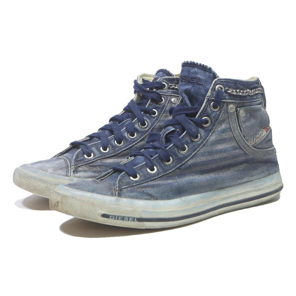 DIESEL Mens High Top Trainers Blue Canvas UK 6.5 Chain Accent Casual Footwear
