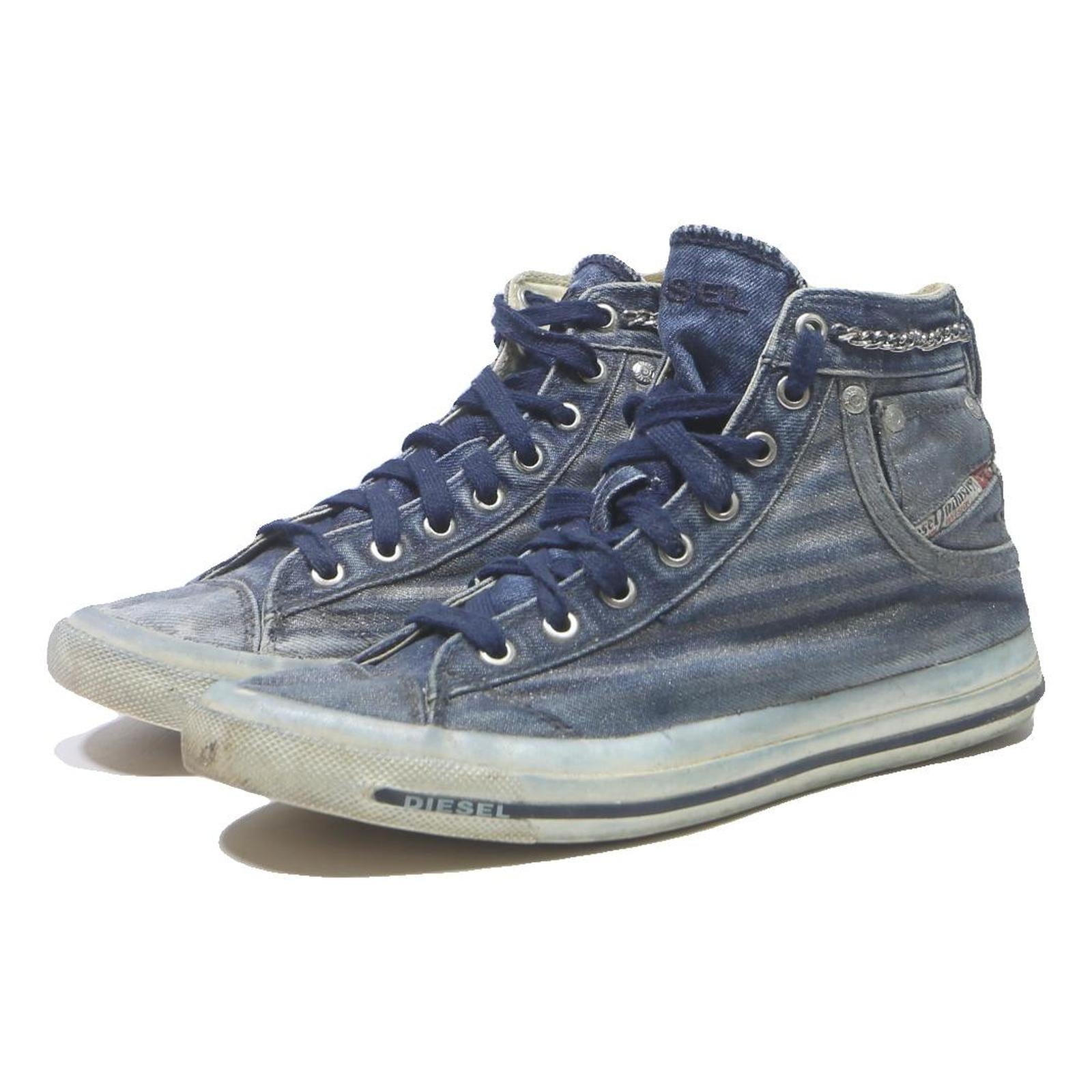 DIESEL Mens High Top Trainers Blue Canvas UK 6.5 Chain Accent Casual Footwear
