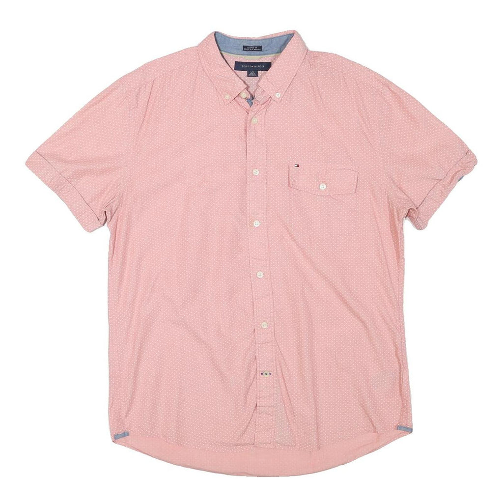TOMMY HILFIGER Mens Pink & White Short Sleeve Cotton Blend Shirt L Button Down