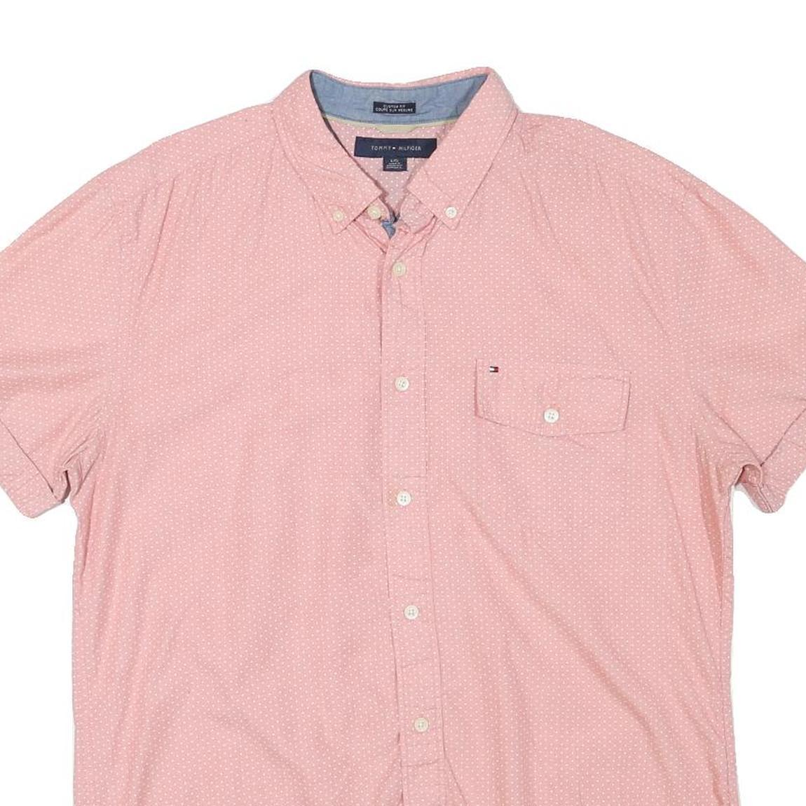 TOMMY HILFIGER Mens Pink & White Short Sleeve Cotton Blend Shirt L Button Down