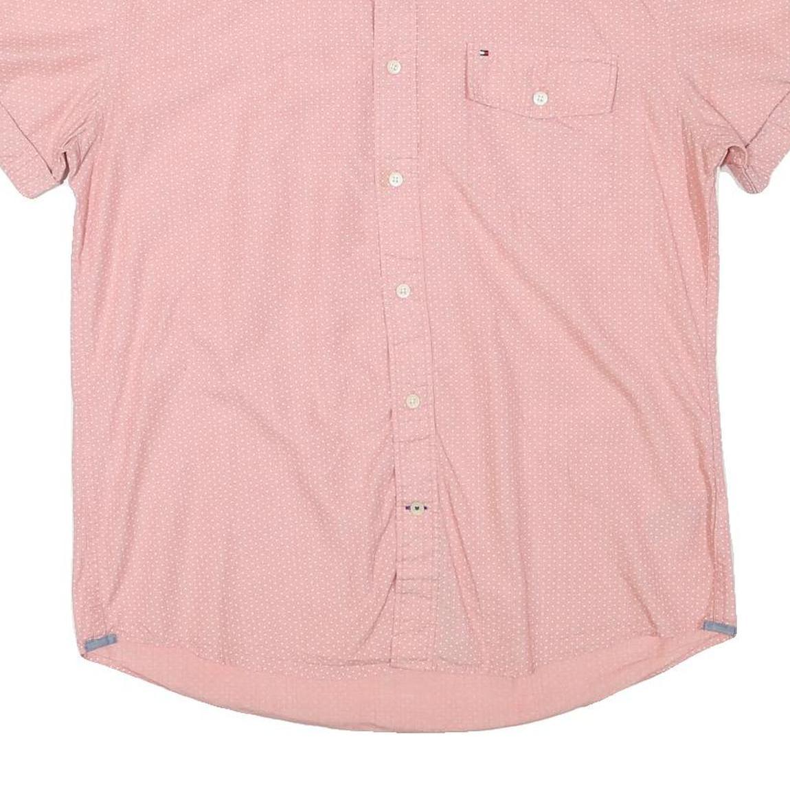 TOMMY HILFIGER Mens Pink & White Short Sleeve Cotton Blend Shirt L Button Down