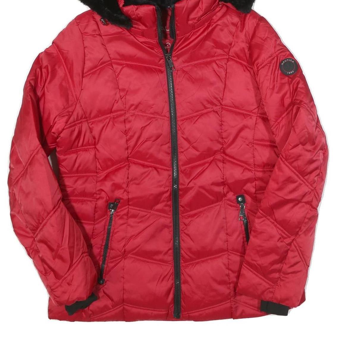 NAUTICA Womens Red Hooded Quilted Jacket L Polyester Blend Warm Zip Closure