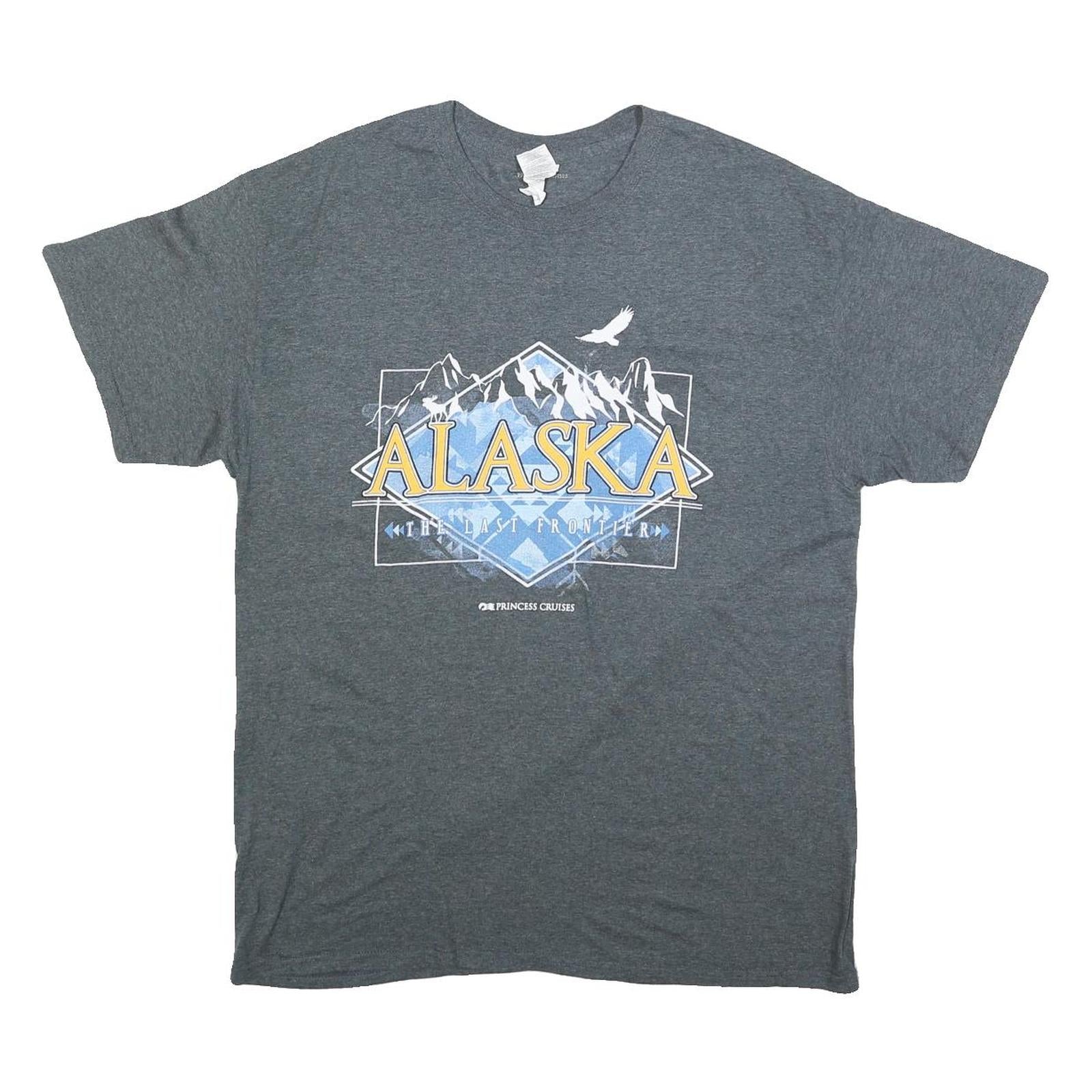 GILDAN Mens Grey Alaska Graphic T-Shirt L Short Sleeve Crew Neck Cotton Blend