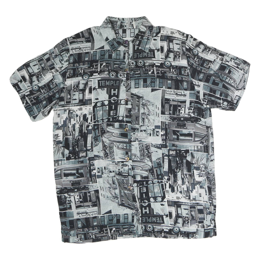 Womens Black & Grey Graphic Print Polyester Shirt M Button Collar Short Sleeve